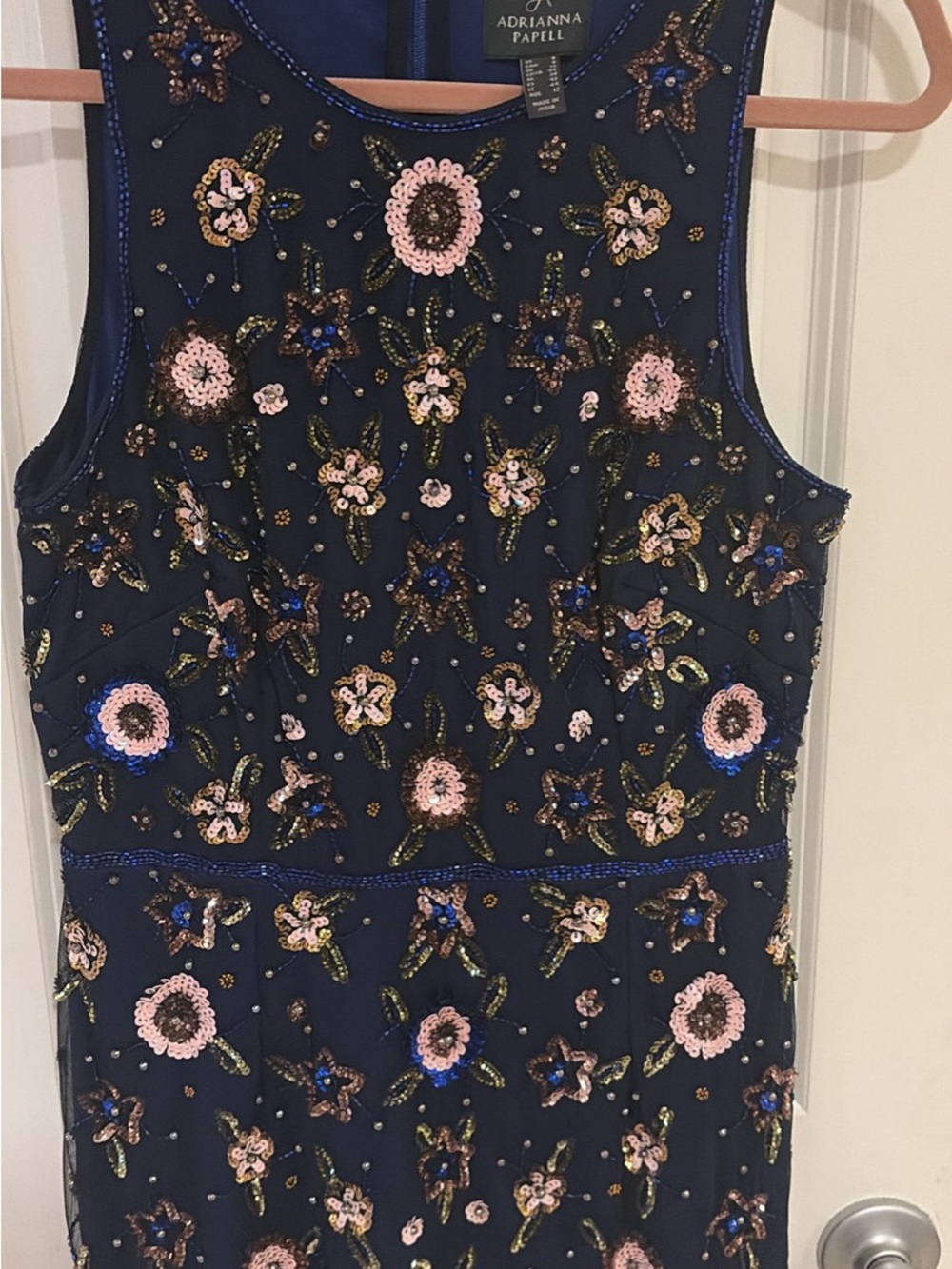 Adrianna Papell Navy Beaded Floral Embellished Cocktail Dress